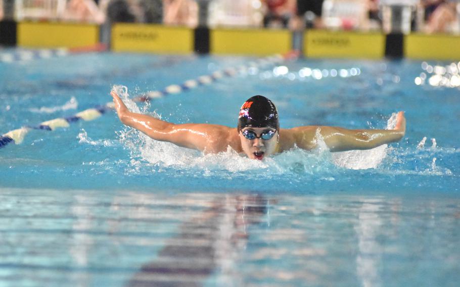 Wiesbaden’s Mason Koeth wins his second age-bracket title of the day on Saturday, Nov. 26, 2022, in a boys 400-meter individual heat at the European Forces Swim League Long Distance Championships in Lignano Sabbiadoro, Italy.