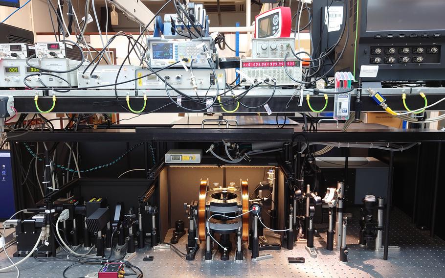 Scientists use equipment to measure whether a protein found in the European robin's eyes is sensitive to the Earth's magnetic field, in this undated photo. Army-funded researchers say the findings could one day help soldiers navigate without GPS. 