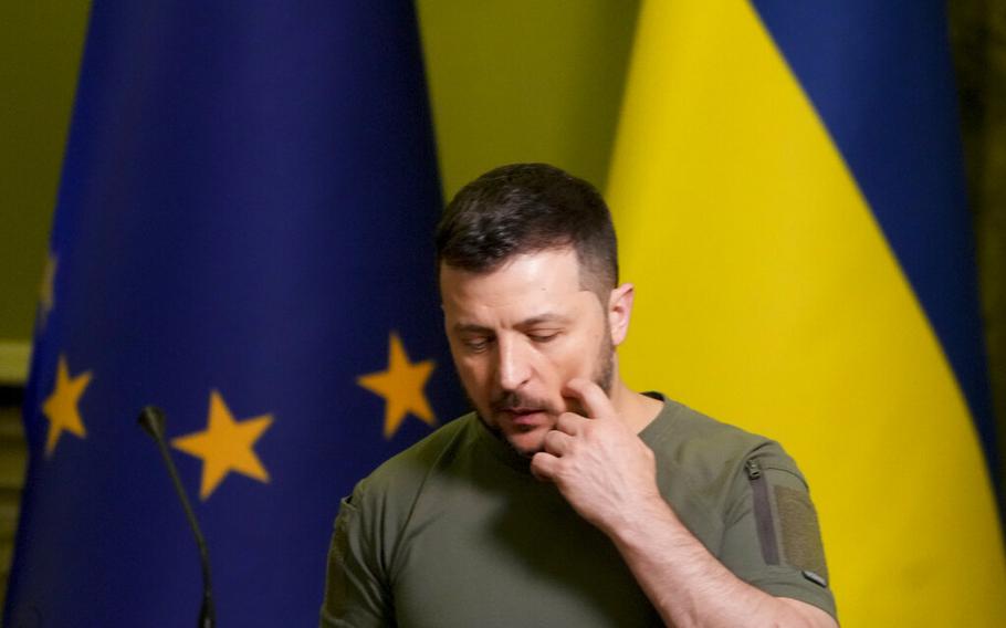 Ukraine President Volodymyr Zelenskyy leaves a briefing in Kyiv, Ukraine, on Saturday, June 11, 2022.