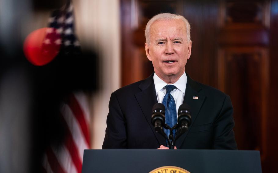 President Biden delivers remarks in the Cross Hall of the White House on May 20. 