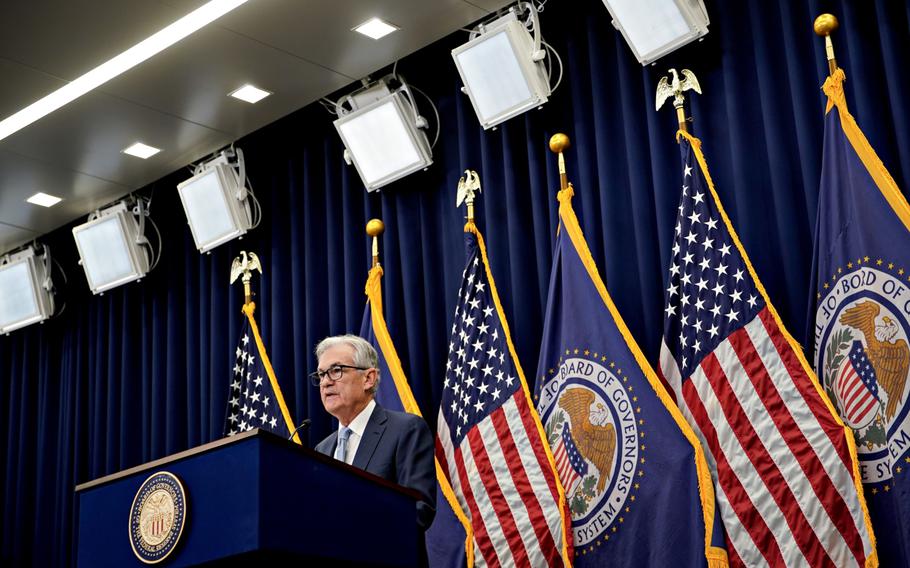 Jerome Powell, chairman of the U.S. Federal Reserve, speaks during a news conference following a Federal Open Market Committee meeting in Washington, D.C., on Wednesday, Dec. 14, 2022. The Federal Reserve downshifted its rapid pace of interest-rate hikes while signaling that borrowing costs, now the highest since 2007, will rise more than investors anticipate as central bankers seek to ensure inflation keeps cooling.