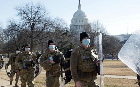 Soldiers with the Indiana National Guard provide security near the U.S. Capitol in Washington, Jan. 21, 2021. The Guard could be forced to ground aircraft, make deep cuts to training and curtail maintenance if it is not reimbursed by August 1 for its mission to the Capitol, the National Guard Association of the United States advocacy group said on June 16, 2021.