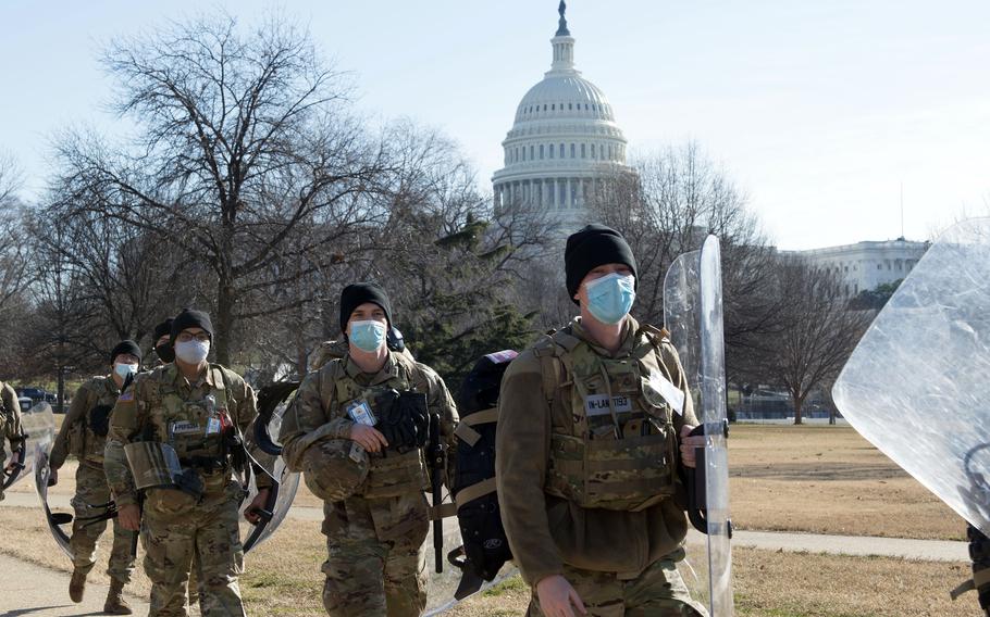 Soldiers with the Indiana National Guard provide security near the U.S. Capitol in Washington, Jan. 21, 2021. The Guard could be forced to ground aircraft, make deep cuts to training and curtail maintenance if it is not reimbursed by Aug. 1 for its mission to the Capitol, the National Guard Association of the United States advocacy group said Wednesday, June 16, 2021.