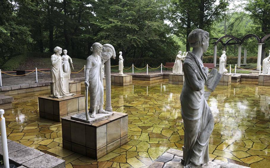 Greek  statues stand inside a fountain at Muse Park in Chichibu, Saitama prefecture, Japan, about 90 minutes north of Yokota Air Base.
