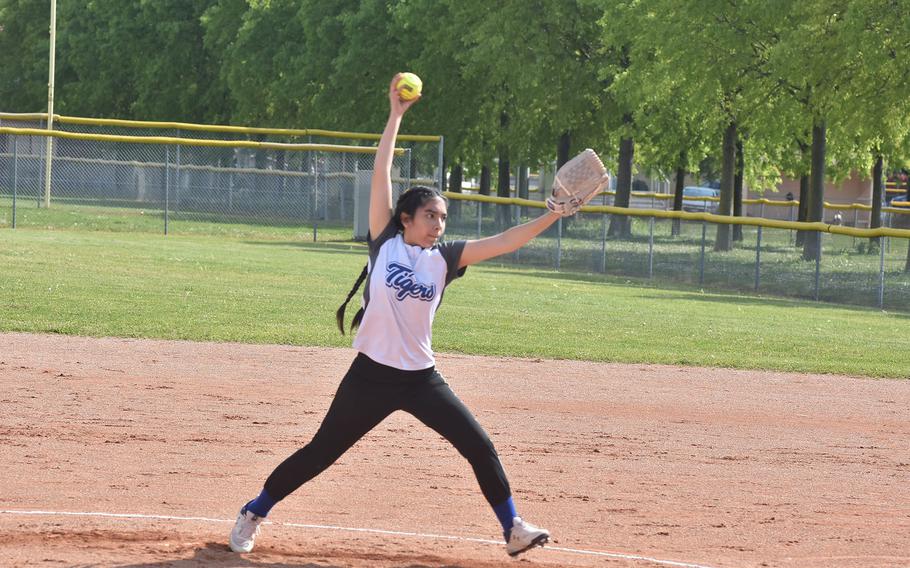 Hohenfels pitcher Bella Martinez delivers a pitch against Sigonella in a doubleheader on Saturay, April 30, 2022 at Aviano Air Base, Italy. The games were considered exhibitions as the Tigers had only eight players in uniform and borrowed one from the Jaguars.