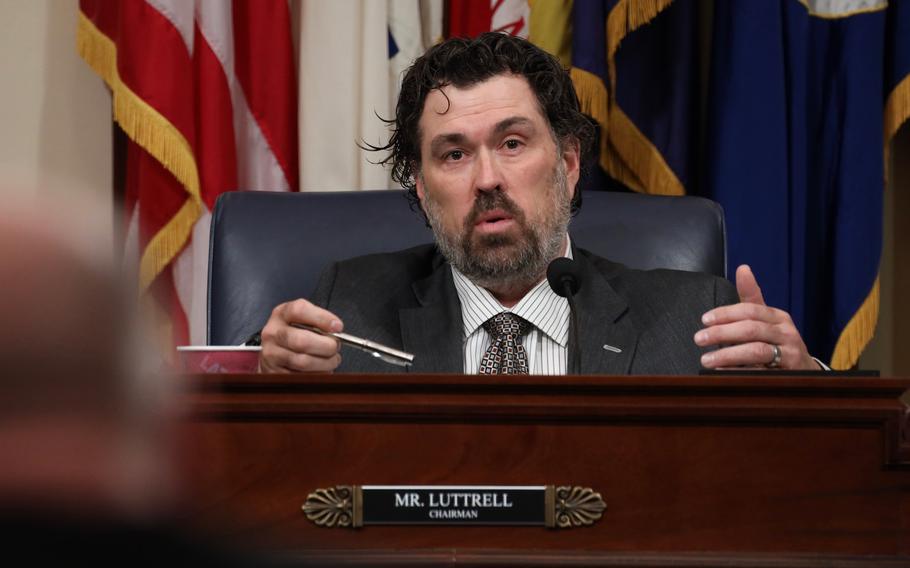 Rep. Morgan Luttrell, R-Texas, chairman of the House Veterans’ Affairs Committee’s subpanel on disability assistance and memorial affairs, questions witnesses during a hearing on the VA appeals process Wednesday, Nov. 29, 2023, on Capitol Hill.