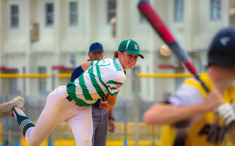 Kubasaki's Brodie Romnek delivers against Kadena during the Dragons' 13-5 semifinal win Tuesday in the Division I baseball tournament.