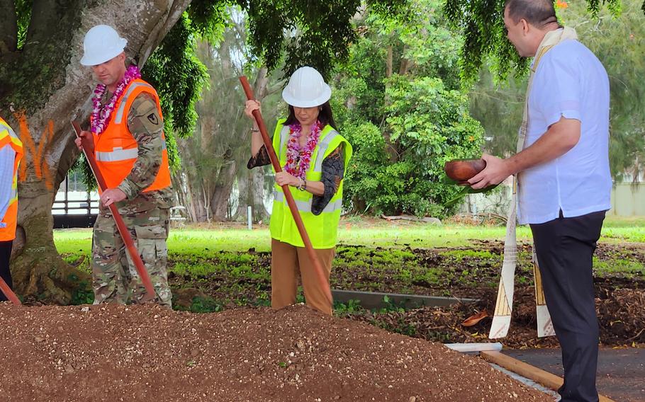 Army officials break ground for a new Child Development Center at Schofield Barracks, Hawaii, Tuesday, April 18, 2023. 