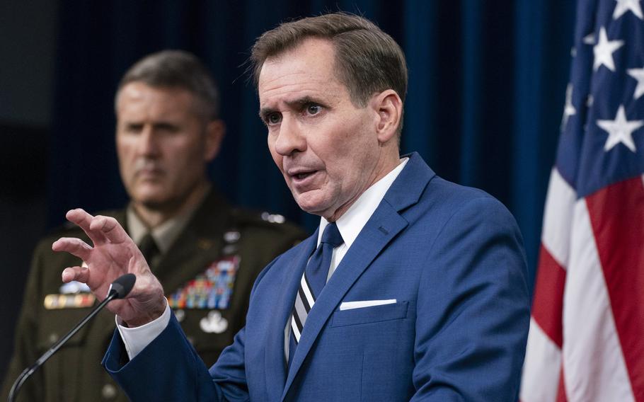 Pentagon spokesman John Kirby with U.S. Army Maj. Gen. William Taylor, Joint Staff Operations, speaks about the situation in Afghanistan during a briefing at the Pentagon in Washington, Tuesday, Aug. 24, 2021.