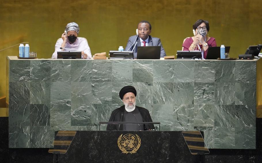 President of Iran Ebrahim Raisi addresses the 77th session of the United Nations General Assembly, Wednesday, Sept. 21, 2022 at U.N. headquarters.