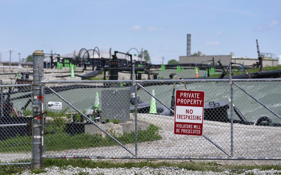 A no trespassing sign hangs on a fence around the West Lake Landfill Superfund site on Friday, April 21, 2023, in Bridgeton, Mo. Federal officials plan to remove some of the hazardous leached barium sulfate that is at the landfill and cap the rest. 