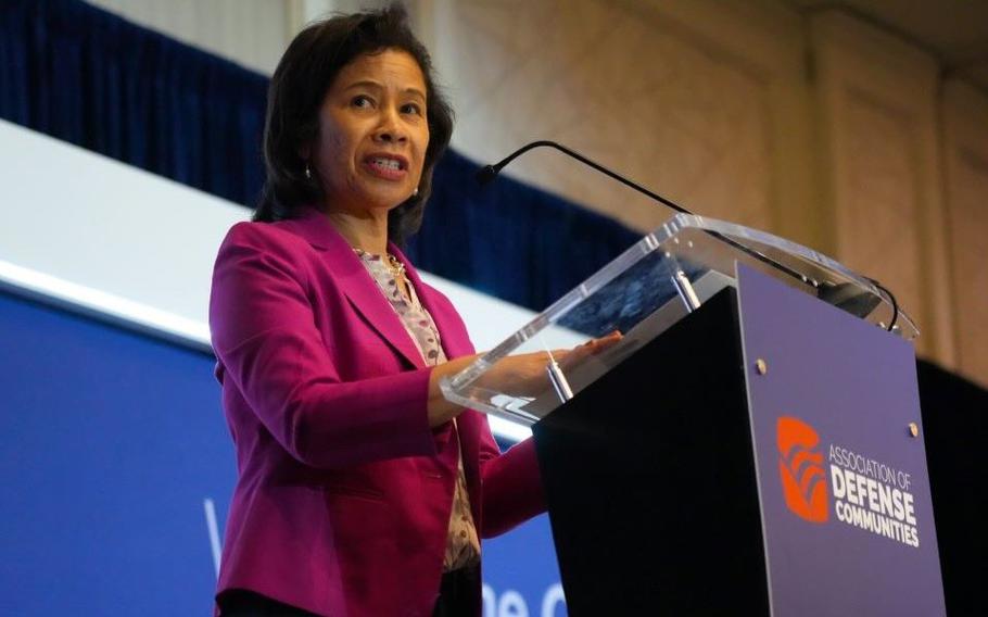 Sharene Brown, wife of Air Force Gen. Charles “CQ” Brown, chairman of the Joint Chiefs of Staff, speaks at the American Defense Communities’ national summit on April 9, 2024.