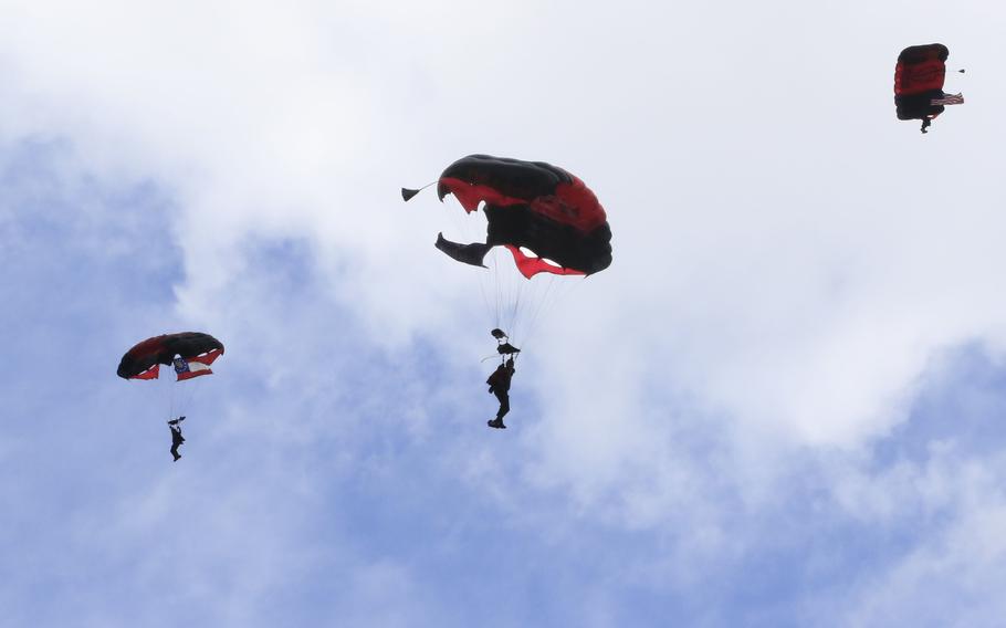 The Army Black Daggers, Special Operations Command Parachute Demonstration Team, jumps into Wellstar East Cobb Hospital as part of the Army's salute to health care workers on June 24, 2020. The Black Daggers are scheduled to be part of the Holloman Air Force Base Legacy of Liberty Air Show and Open House event May 7-8, 2022.