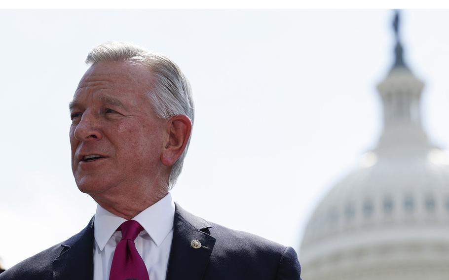 Sen. Tommy Tuberville, R-Ala., speaks at a press conference outside the U.S. Capitol Building on April 27, 2023, in Washington, D.C. 