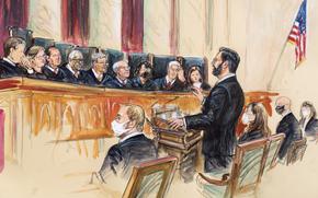 FILE - This artist sketch depicts Marc Hearron, petitioner for Whole Woman's Health, standing while speaking to the Supreme Court, Monday, Nov. 1, 2021, in Washington. Seated to Hearron's left is Judd Stone II, Texas Solicitor General. Justices seated from left are Associate Justice Brett Kavanaugh, Associate Justice Elena Kagan, Associate Justice Samuel Alito, Associate Justice Clarence Thomas, Chief Justice John Roberts, Associate Justice Stephen Breyer, Associate Justice Sonia Sotomayor, Associated Justice Neil Gorsuch and Associate Justice Amy Coney Barrett. (Dana Verkouteren via AP, File)