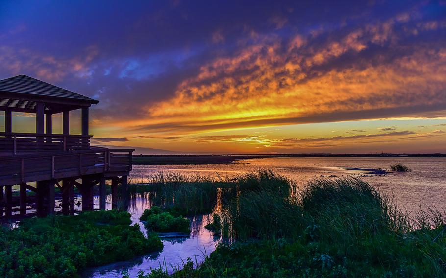 Sunset at Leonabelle Turnbull Birding Center in Port Aransas, Texas.  Port Aransas is directly on the flight path for birds heading to Central and South America for the winter, and at this swath of wetland you can watch them on their journey.