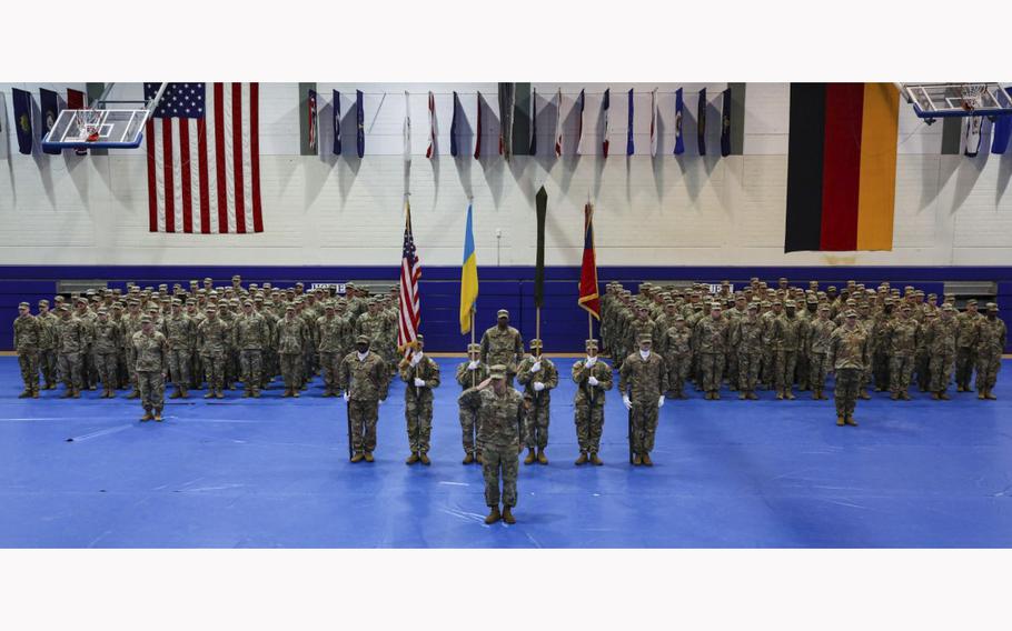 Authority over the Joint Multinational Training Group — Ukraine mission is transferred from Task Force Orion, 27th Infantry Brigade Combat Team, New York Army National Guard, to Task Force Bowie, 39th IBCT, Arkansas Army National Guard during a ceremony in Grafenwoehr, Germany, April 28, 2023. 