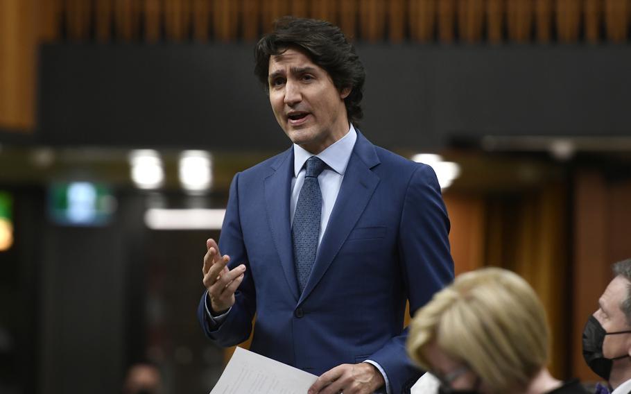 Prime Minister Justin Trudeau rises during Question Period in the House of Commons on Parliament Hill in Ottawa on Thursday, Feb. 10, 2022.  