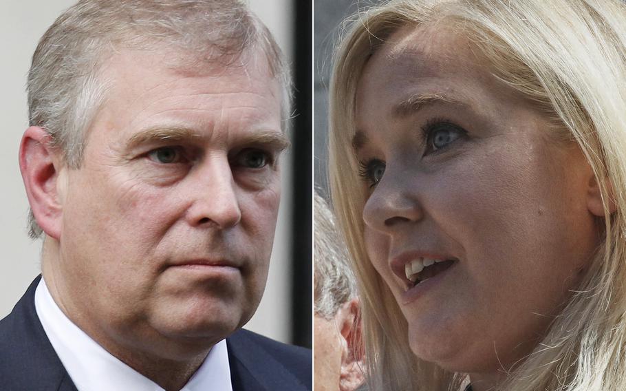 Prince Andrew and his accuser Virginia Giuffre, who says she was trafficked by sex offender Jeffrey Epstein. A U.S. judge on Wednesday, Jan. 12, 2022, dismissed an effort to dismiss Giuffre’s lawsuit in which she alleges Prince Andrew sexually assaulted her when she was 17.