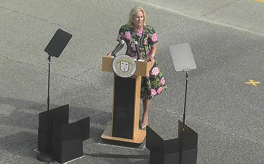 A video screen grab shows First Lady Jill Biden speaking at a graduation ceremony at Marine Corps Recruit Depot Parris Island in South Carolina on Friday, June 30, 2023. Jill Biden tested positive for the coronavirus on Monday, Sept. 4, 2023, at the end of a three-day weekend she had spent alongside President Joe Biden, the White House said.