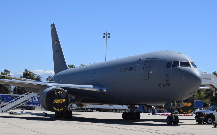 A KC-46 Pegasus tanker at March Field in California on April 21, 2023. 