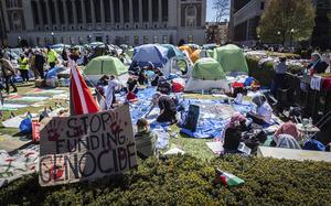 A sign sits erected at the pro-Palestinian demonstration encampment at Columbia University in New York, Monday, April 22, 2024. 