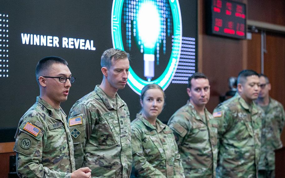 Five service members with U.S. Central Command pitched ideas to improve the military at a one-week competition at MacDill Air Force Base in Tampa, Fla., that ended Oct. 14, 2022. The finalists from left to right: Army Sgt. Mickey Reeve, Army Maj. Matt Goyette, Capt. Kendra Kirkland, Air Force Staff Sgt. Stephen Larson and Army Lt. Col. Ferdinand Bacomo.