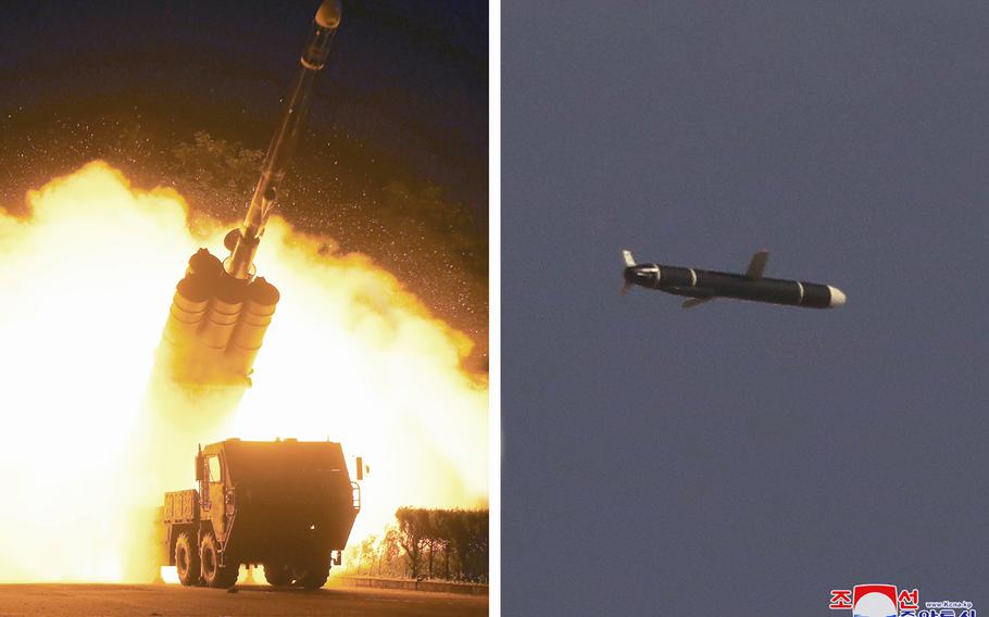 This combination of photos provided by the North Korean government on Monday, Sept. 13, 2021, shows long-range cruise missiles tests held on Sept. 11 -12, 2021 in an undisclosed location of North Korea. 