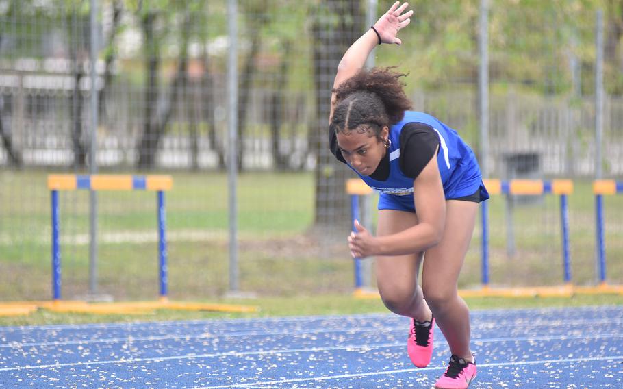 Sigonella’s Jaqueline Smith got off to a strong start in a heat of the girls’ 200-meter dash on Saturday, April 23, 2022 in Pordenone, Italy. Smith won the girls’ 100 hurdles.