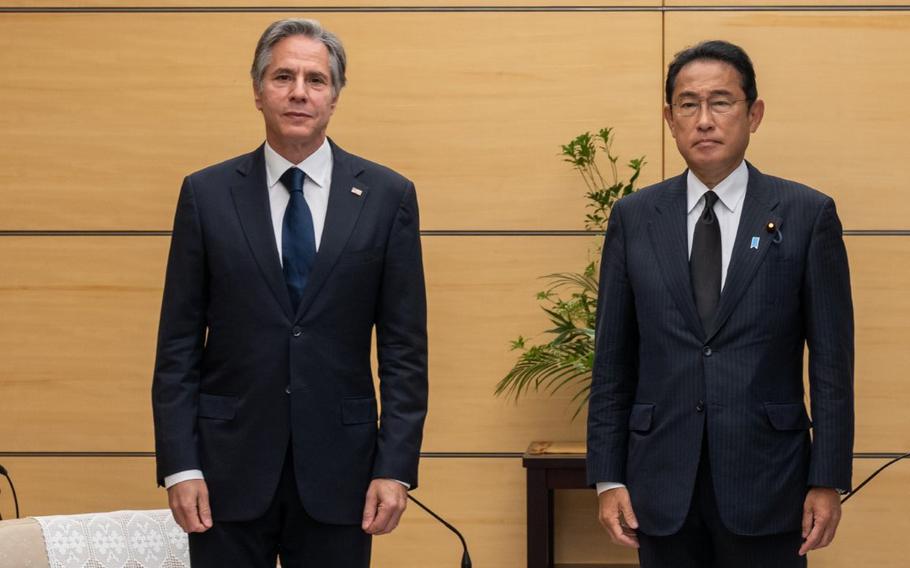 U.S. Secretary of State Antony Blinken, left, met with Japanese Prime Minister Fumio Kishida on July 11, 2022, to deliver condolences from the United States and President Joe Biden on the death of Shinzo Abe. 