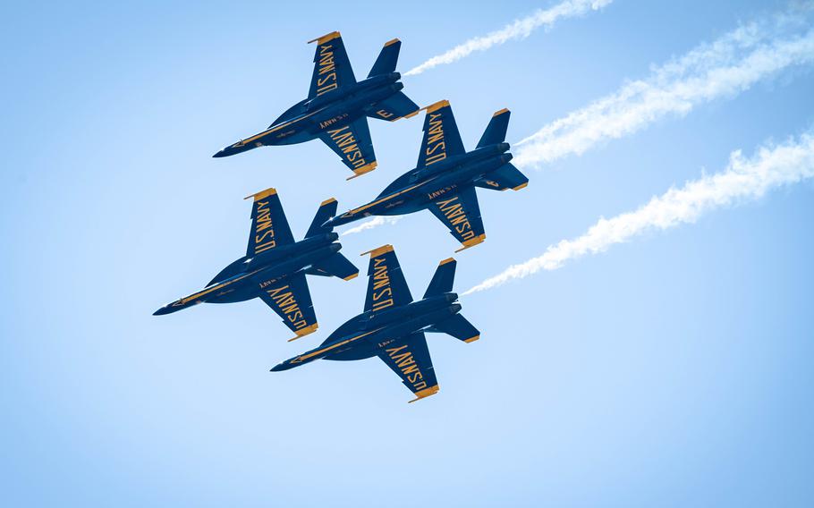 The Blue Angels perform at the Beyond the Horizon Air and Space Show at Maxwell Air Force Base in Montgomery, Ala., Sunday, April 7, 2024. 