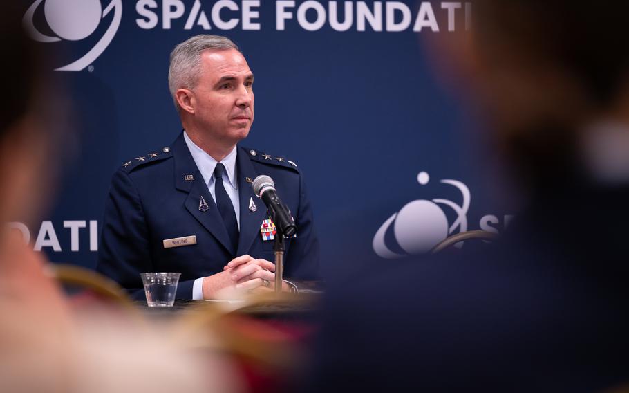 Lt. Gen. Stephen Whiting, chief of Space Operations Command, is pictured at an event in April. Whiting said Friday, Oct. 14, 2022, that the future of global military operations in space will be shaped by the United States, and success will rely heavily upon elements such as private partnerships and new advances in the cyber realm.