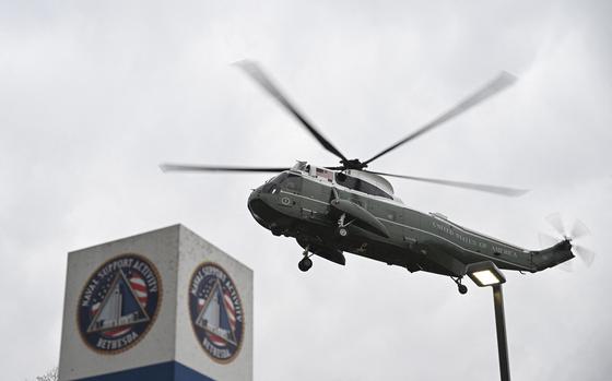 Marine One with President Joe Biden lands at Walter Reed Army Medical Center in Bethesda, Maryland, as Biden arrives for his routine annual physical, on Feb. 28, 2024. (Andrew Caballero-Reynolds/AFP/Getty Images/TNS)