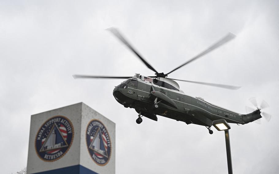 Marine One with President Joe Biden lands at Walter Reed Army Medical Center in Bethesda, Md., as Biden arrives for his routine annual physical, on Feb. 28, 2024.