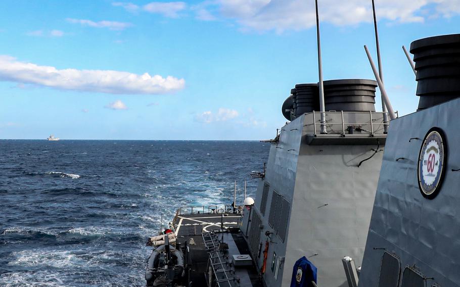 The destroyer USS Porter participates in ship formation maneuvering exercises while the Italian navy conducts live-fire gunnery exercises as part of Mare Aperto, Oct. 15, 2021. USS Porter, homeported at Rota, Spain, is on its 10th patrol in the U.S. 6th Fleet area of operations in support of missions in Europe and Africa.