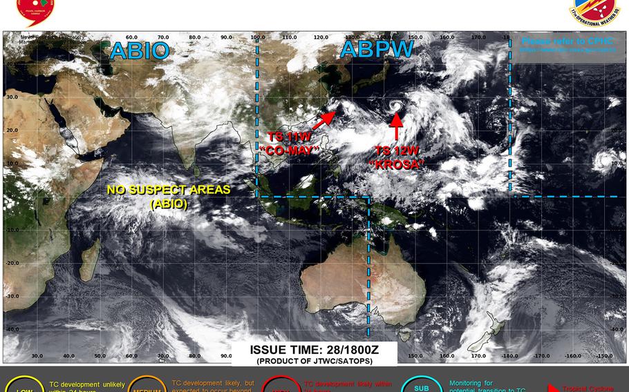 Co-may upgraded once more to a tropical storm, but is putting Okinawa in its rear-view mirror, headed west toward China’s east coast.