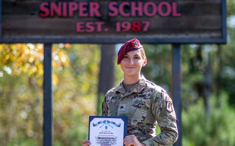 U.S. Army Sgt. Maciel Hay, a cavalry scout with 1st Squadron, 91st Cavalry Regiment, 173rd Airborne Brigade, poses for a photo after graduating sniper school at Fort Moore, Ga., Nov. 3, 2023. Hay is the first active-duty female U.S. Army sniper. 