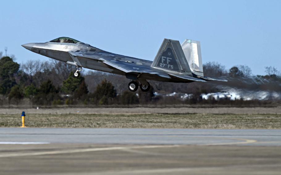 An F-22 Raptor takes off from Joint Base Langley-Eustis, Va., Feb. 4, 2023, on its way to shoot down a high-altitude surveillance balloon off South Carolina.