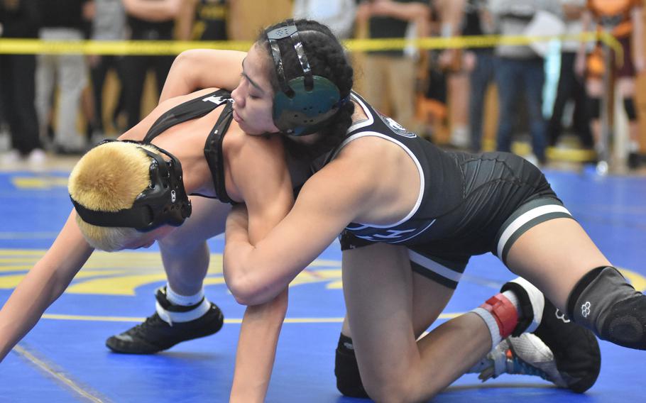 AFNORTH’s Richele Reyes controls Stuttgart’s Preston Schnieders in a 120-pound match at the DODEA European Wrestling Championships on Friday, Feb. 9, 2024, in Wiesbaden, Germany. Schnieders would go on to win the match.