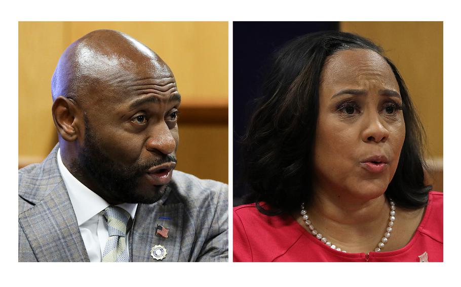 Fulton County Special Prosecutor Nathan Wade and Fulton County District Attorney Fani Willis testify during a hearing in the case of the State of Georgia v. Donald John Trump at the Fulton County Courthouse on Feb. 15, 2024, in Atlanta. Judge Scott McAfee is hearing testimony as to whether Willis and Wade should be disqualified from the case for allegedly lying about a personal relationship.