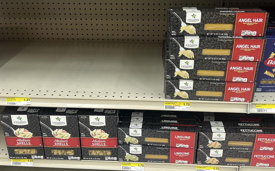 Boxes of Freedom's Choice pasta, minus penne rigate, fill shelves inside the commissary at Yokota Air Base, Japan, Friday, Sept. 15, 2023. 