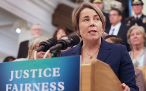 Massachusetts Gov. Maura Healey speaks during a press conference at the State House.