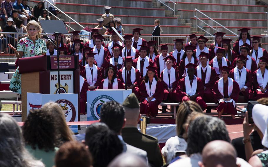 First lady Jill Biden speaks during a pre-graduation ceremony for Matthew C. Perry High School seniors at Marine Corps Air Station Iwakuni, Japan, Sunday, May 21, 2023.