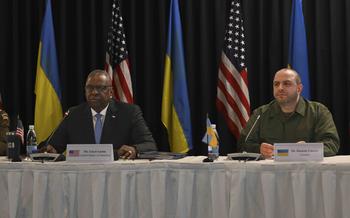 U.S. Defense Secretary Lloyd Austin, left, and his Ukrainian counterpart, Rustem Umerov, deliver opening remarks at the Ukraine Defense Contact Group meeting Sept. 19, 2023, at Ramstein Air Base in Germany. To date, U.S. and international partners have committed more than $76 billion in direct security assistance to Ukraine.