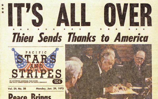 A front-page banner headline in the Jan. 29, 1973, edition of Stars and Stripes hails the end of U.S. involvement in the Vietnam War with the signing of the Paris Peace Accords.