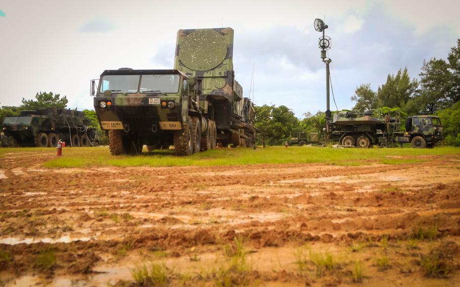 A battery assigned to 1st Battalion, 1st Air Defense Artillery Regiment, display their patriot radar and antenna mast group during table gunnery training exercise on Kadena Air Base in Japan, Oct. 19, 2017. 