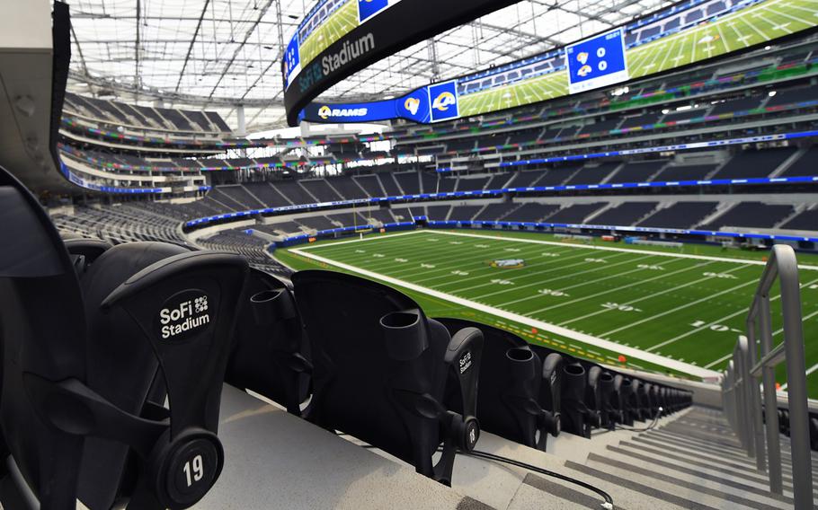 A view of SoFi Stadium in Inglewood, California, site of the Super Bowl on Sunday, Feb. 13, 2022. L.A. County health officials still ask for caution and adherence to protocols despite the decrease in omicron cases. 