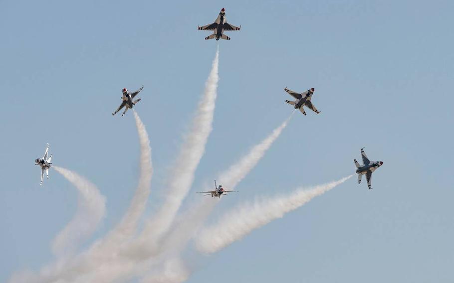 The U.S. Air Force Thunderbirds split off of formation while performing at the California Capital Airshow on Sept. 24, 2023, at Mather Airport.