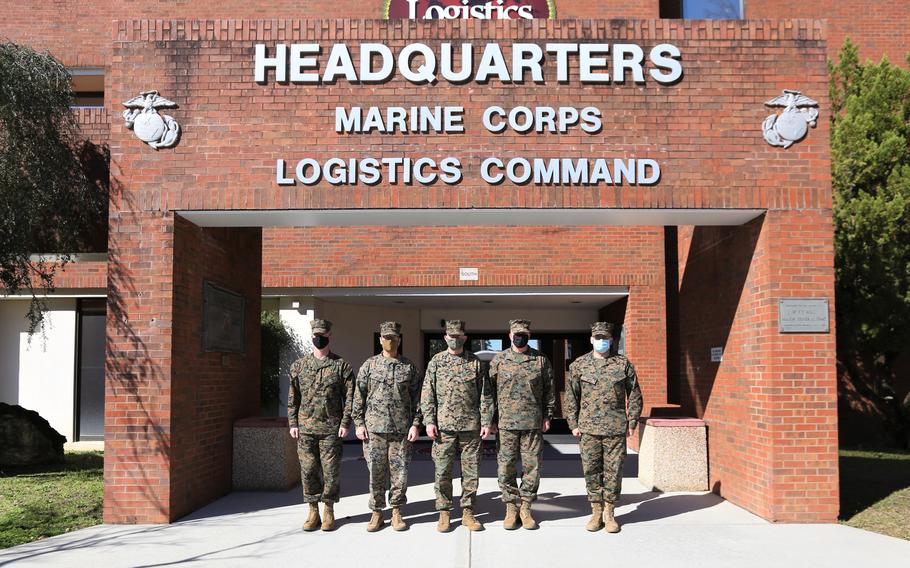The 38th Commandant of the Marine Corps, Gen. David H. Berger, visits (left to right) Col Michael J. Fitzgerald, Maj. Gen. Joseph F. Shrader, Gen. David H. Berger, Lt. Gen. Charles G. Chiarotti, and Sgt. Maj. Michael J. Rowan, Marine Corps Logistics Base Albany, Ga., March 4, 2021. On Tuesday, the military installation and community celebrated the 70th anniversary of MCLB-Albany, which was established as the Korean War raged.