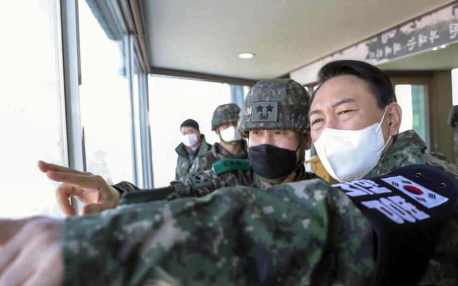Yoon Seok-youl, the former prosecutor general of South Korea and a presidential candidate in the March 2022 election, visits the Demilitarized Zone between North and South Korea, Dec. 20, 2021. 